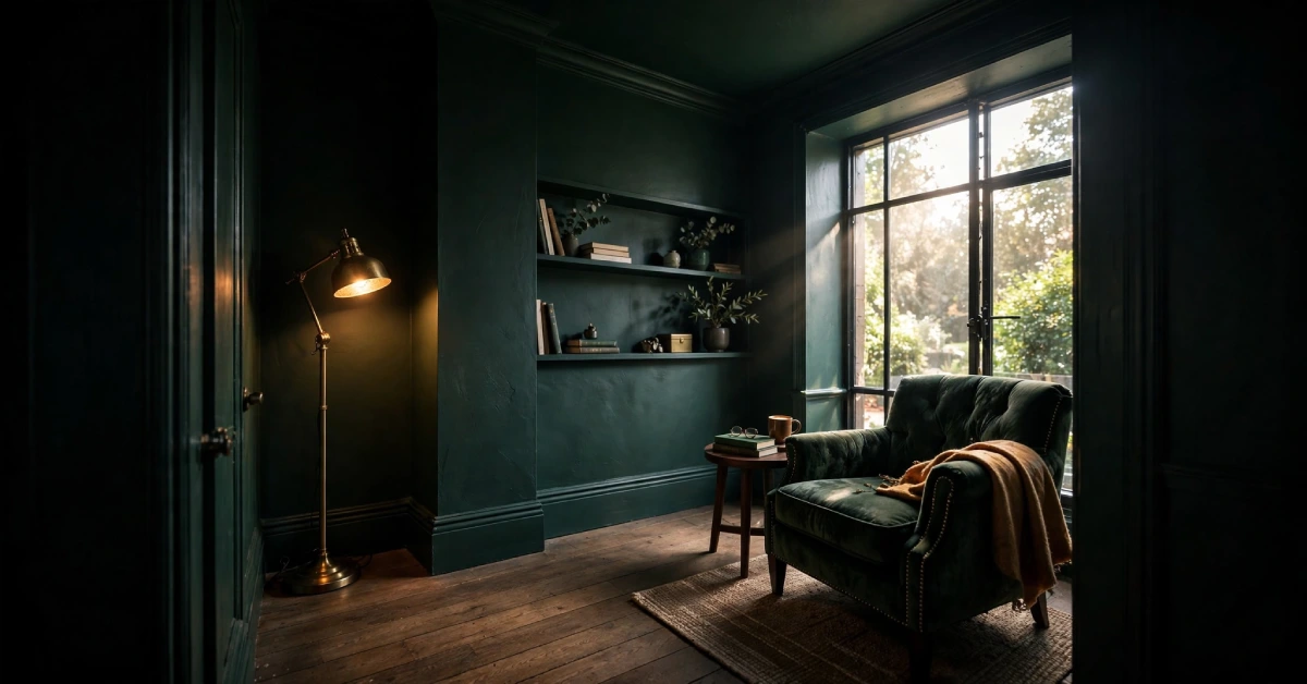 Deep green painted den showing how dark paint can add depth to a room