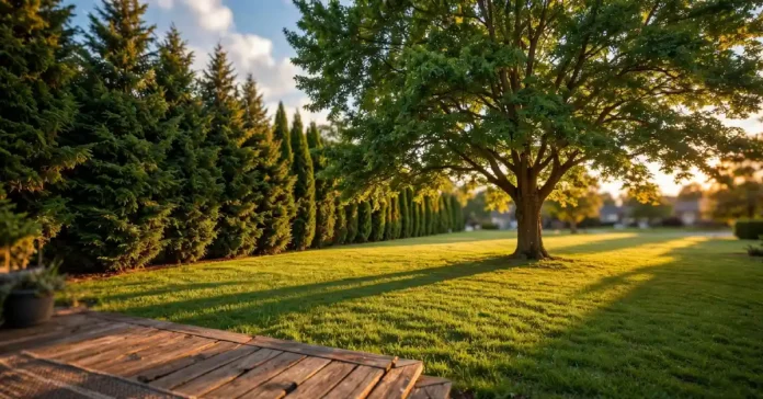 Backyard landscaping with fast-growing shade and privacy trees along the lawn