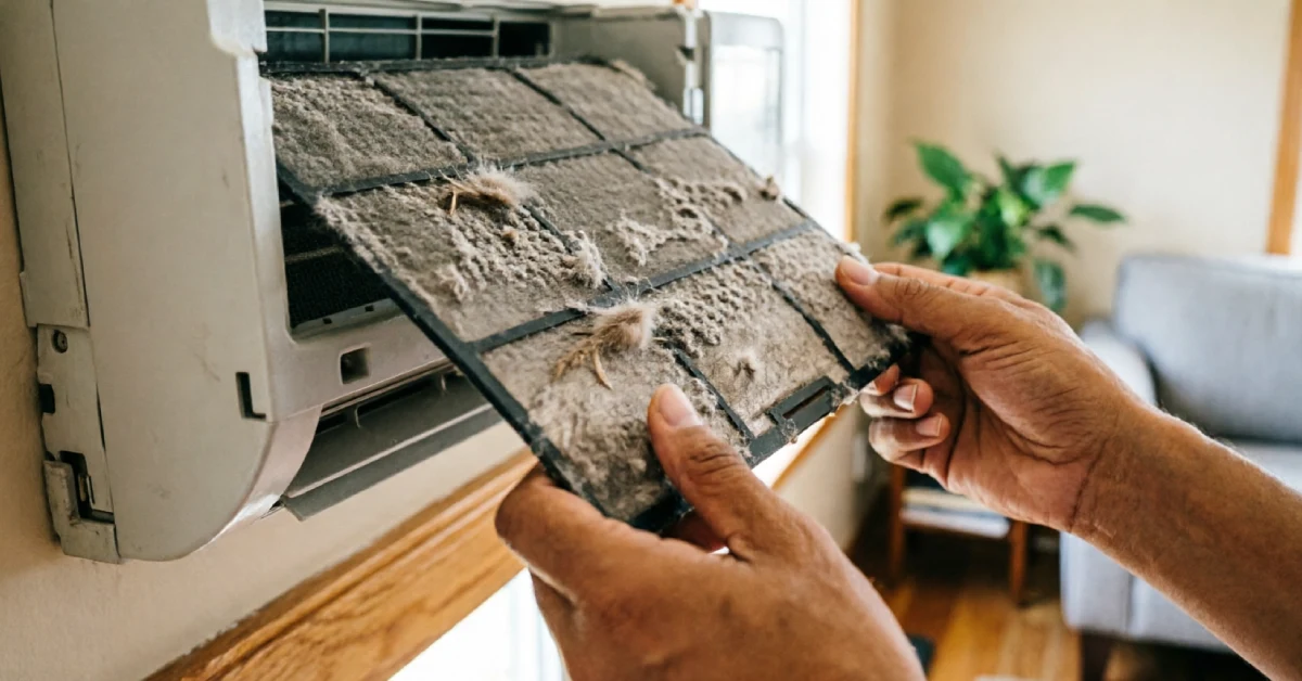 Person cleaning air filter as part of heat pump maintenance