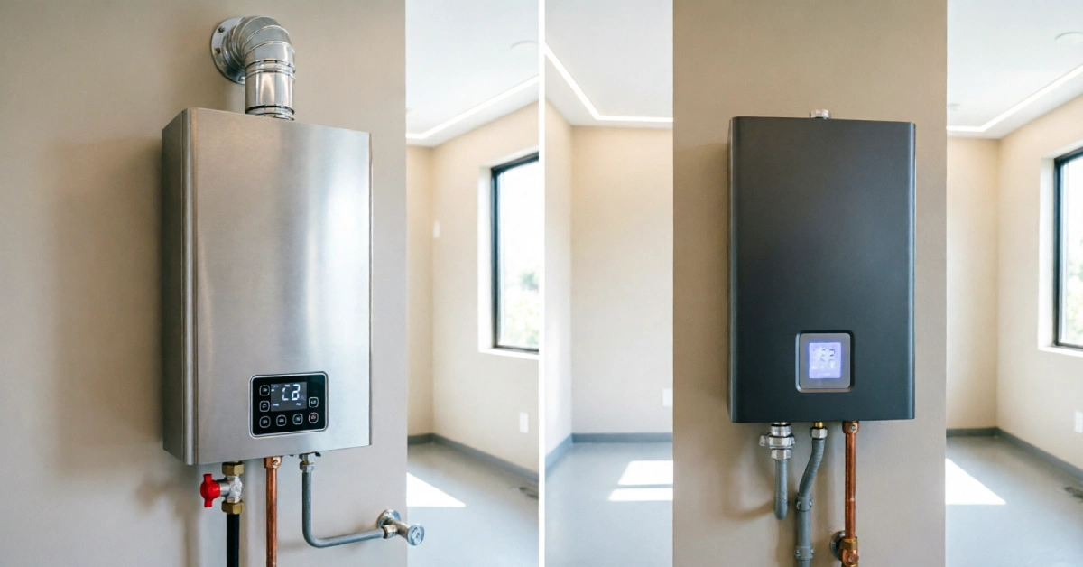 Gas and electric tankless water heater units shown side by side for comparison.