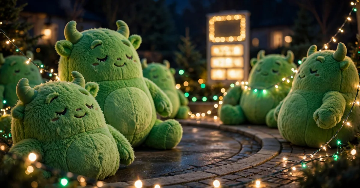 Illuminated driveway inflatables and lights outside the Grinch House at night