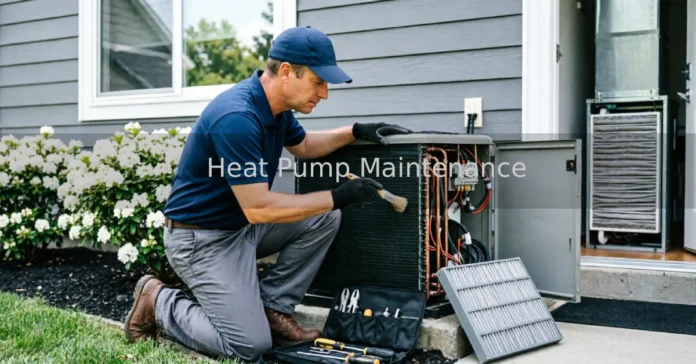 Homeowner performing heat pump maintenance on outdoor unit
