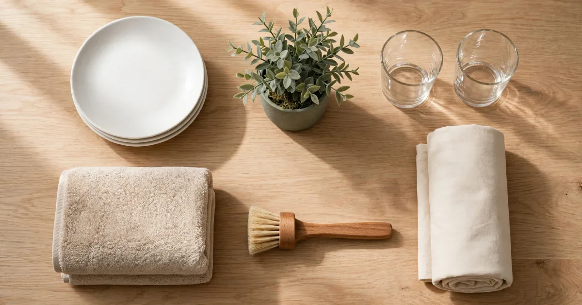 Flat lay of essential household items including plates, towels, and cleaning tools