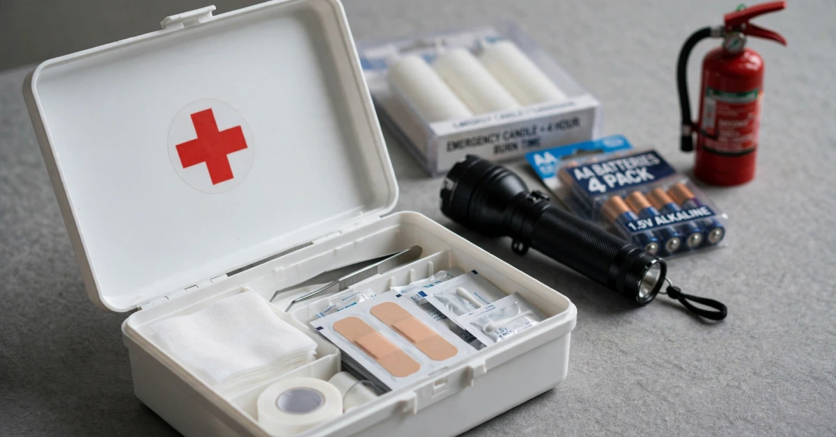 Household safety and emergency kit with first-aid supplies, flashlight, and extinguisher