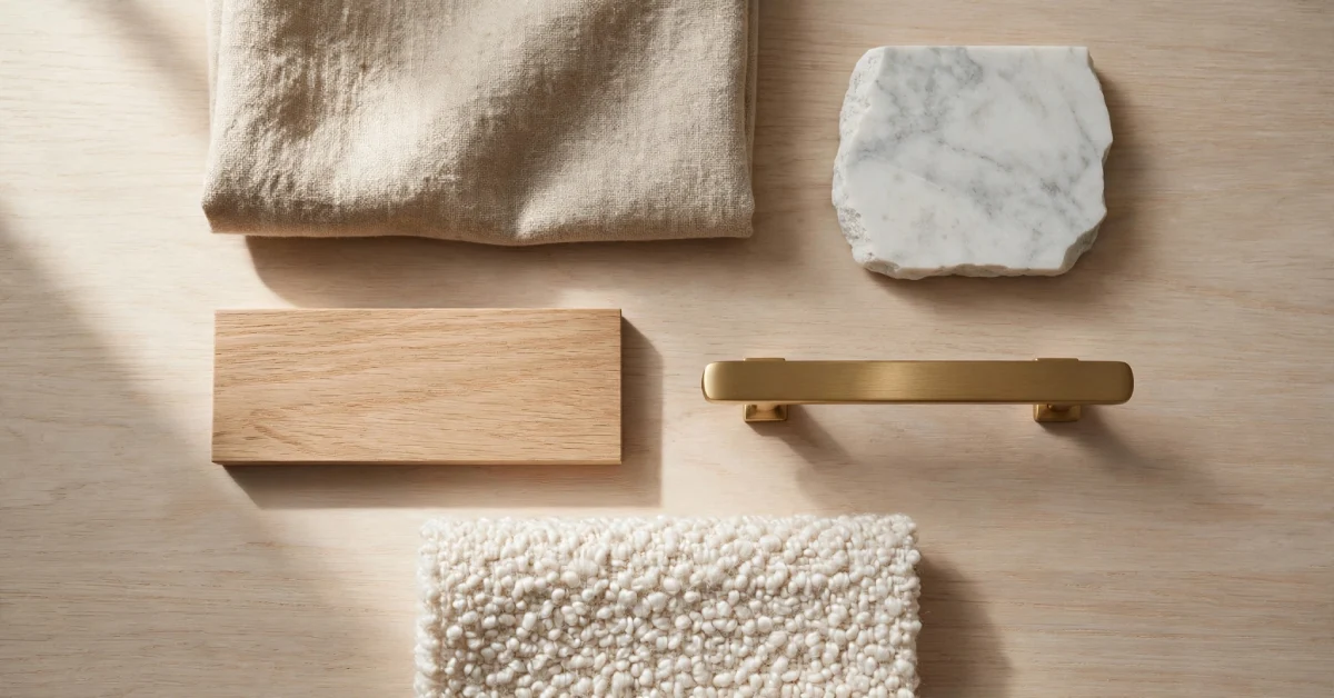 Flat lay of trending interior design materials including natural wood, stone, and warm neutral textiles