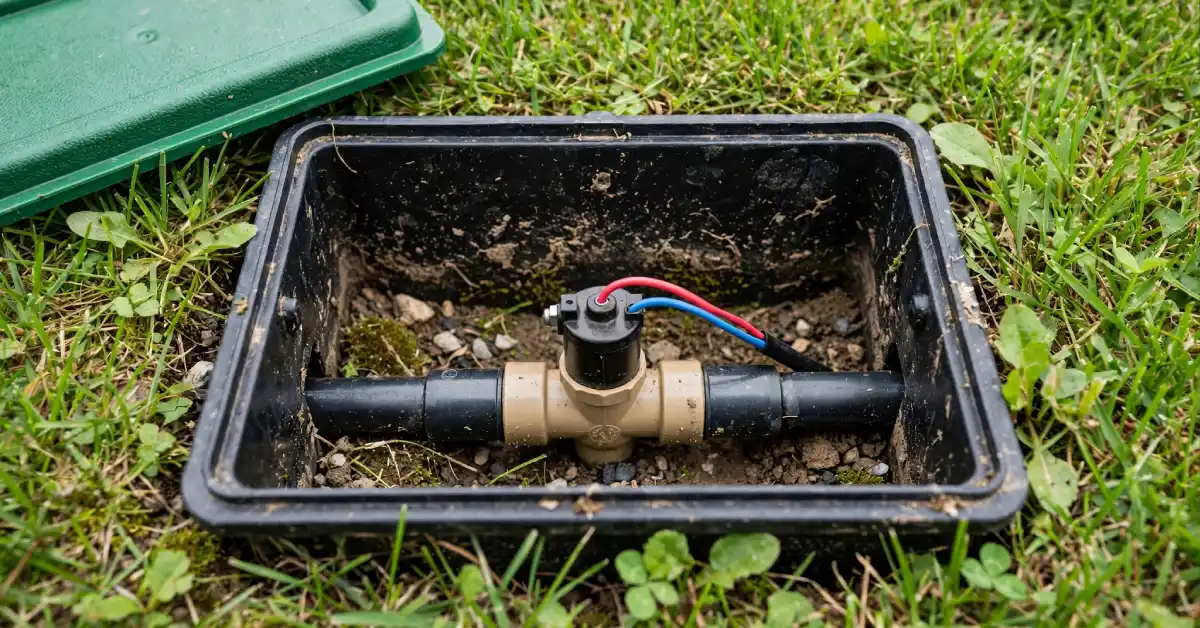 Open irrigation valve box showing sprinkler valve and wiring in a lawn