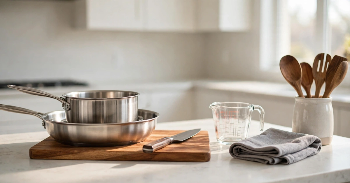 Essential kitchen household items including cookware, cutting board, and utensils
