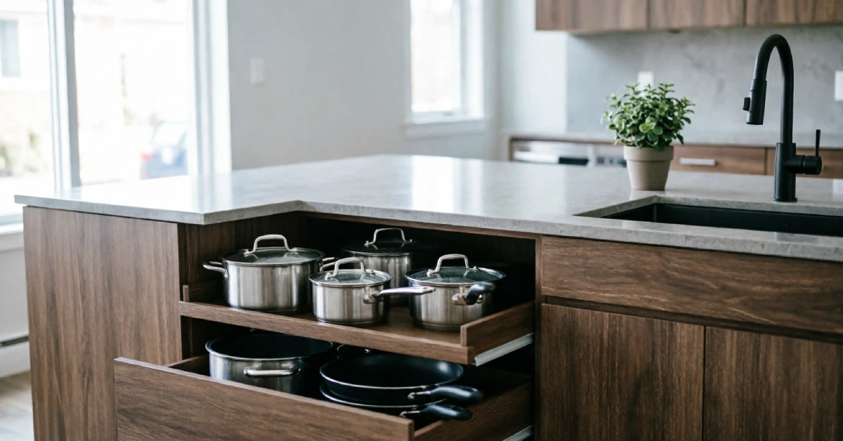 Kitchen peninsula cabinets with deep drawers and pull-out storage