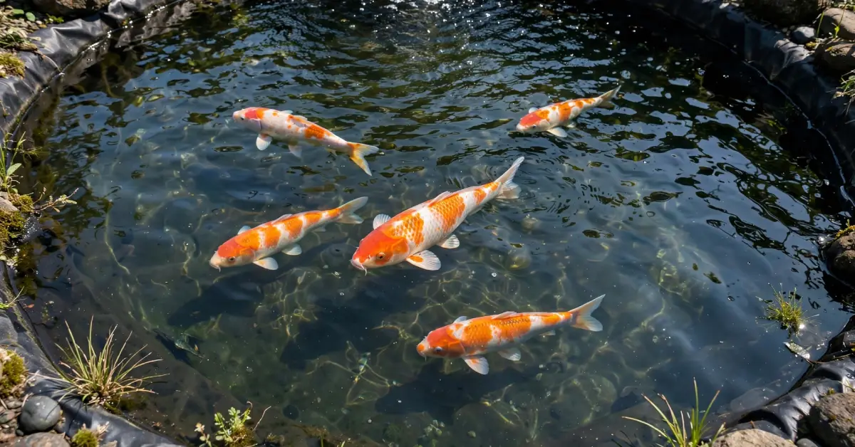 Koi swimming in a deep, clear garden pond