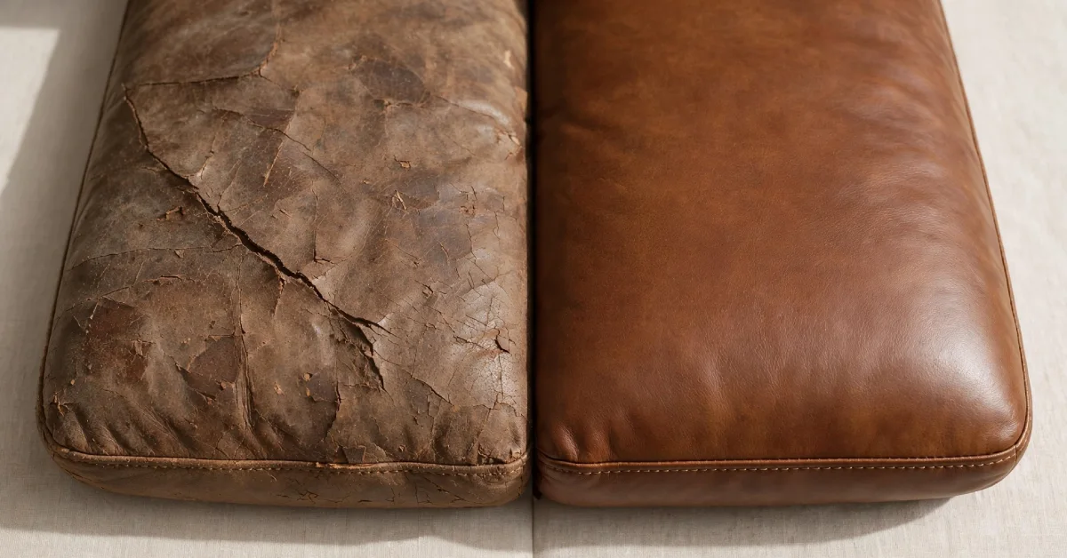 Leather couch cushion shown before and after a professional repair