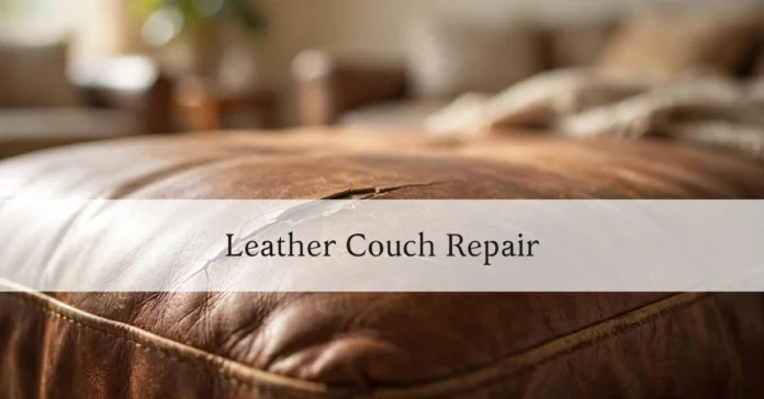 Close-up of a leather couch cushion showing a scratch and crack in the leather