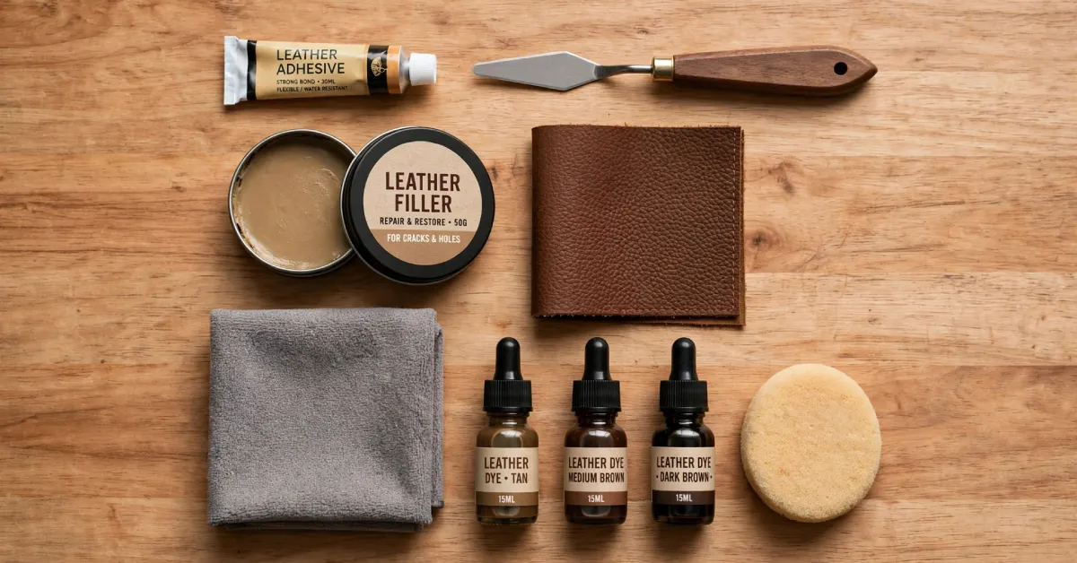 Leather repair kit tools including adhesive, filler, dye, and patch fabric