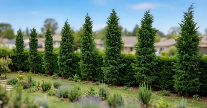Row of mature Leyland cypress trees forming a dense green privacy hedge