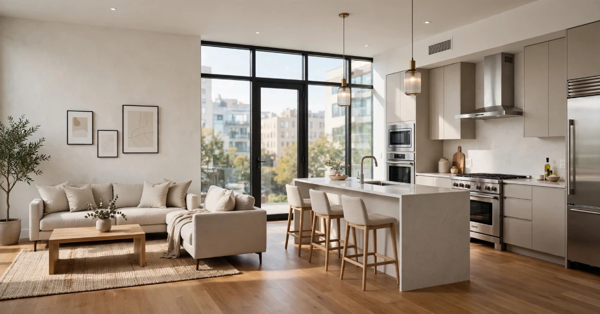 Open-concept living room and kitchen inside a Luxia Gallery House apartment