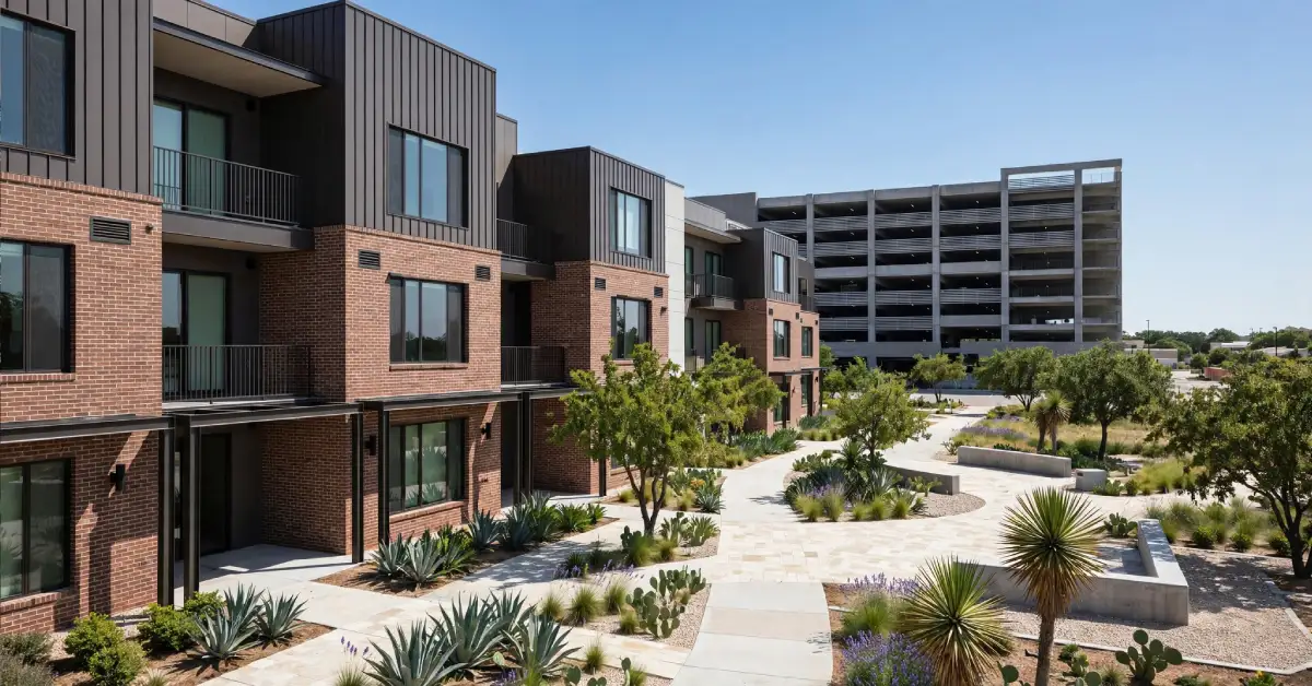 Exterior view of the Luxia Gallery House apartment community in Farmers Branch, Texas