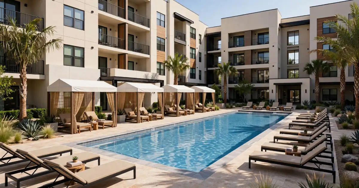 Resort-style swimming pool and lounge area at Luxia Gallery House
