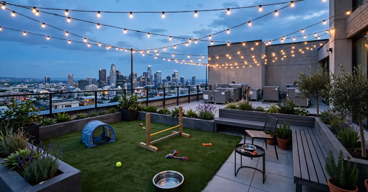 Rooftop dog park and lounge area with skyline views at Luxia Gallery House