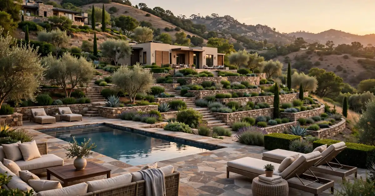 Luxury hillside estate backyard with pool, terraced garden, and guesthouse