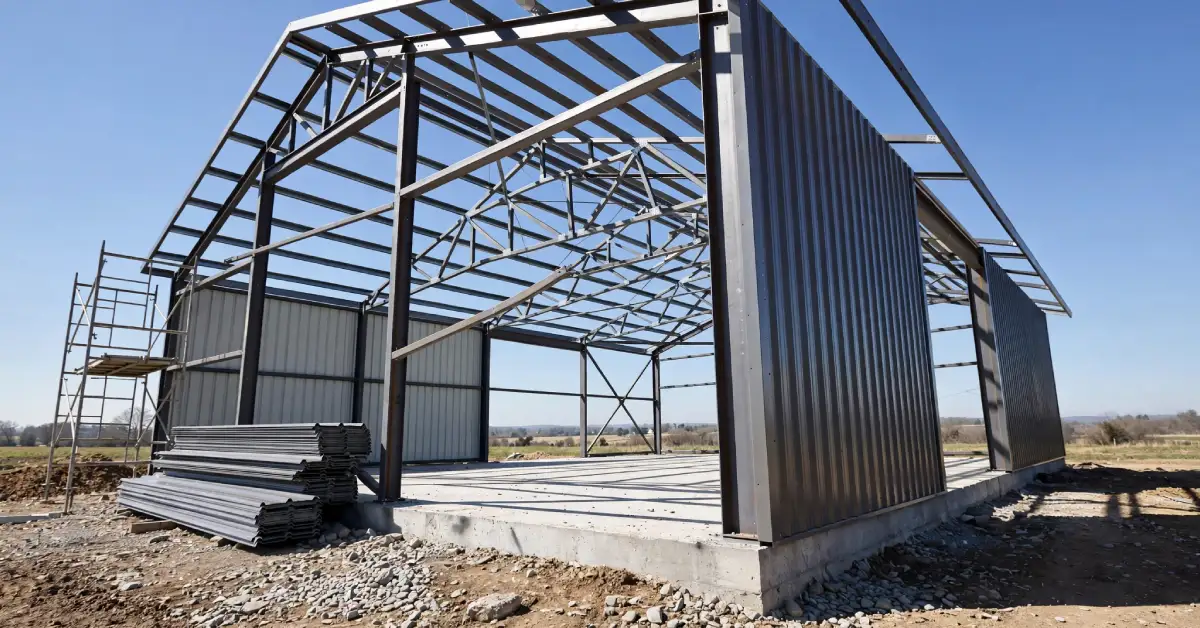 Metal-framed small barndominium under construction with exposed steel structure