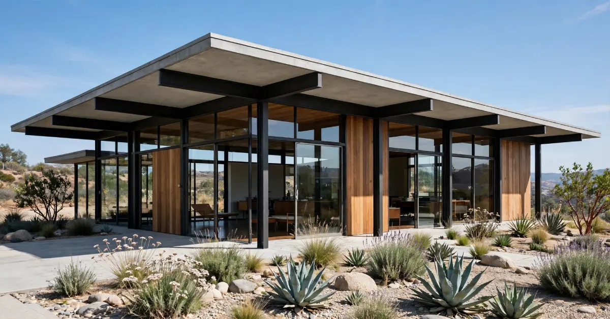 Mid-century modern architecture style with steel framing and glass walls