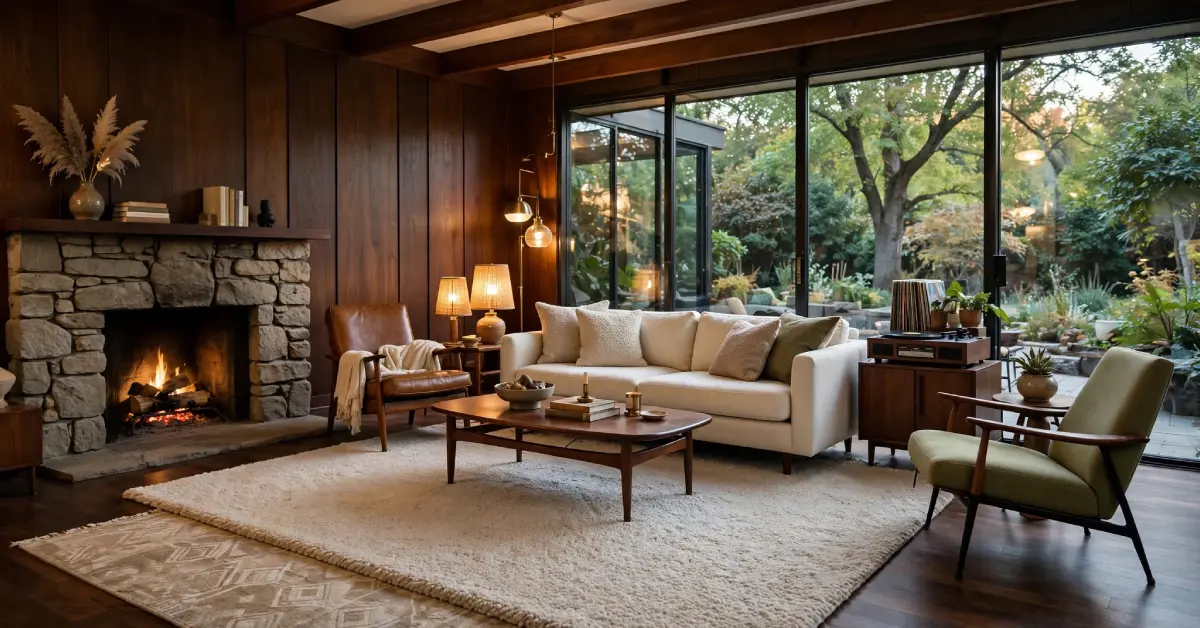 Mid-century modern living room interior with dark wood and natural textures