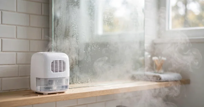 Mini Dehumidifier for Bathroom on shelf near foggy mirror