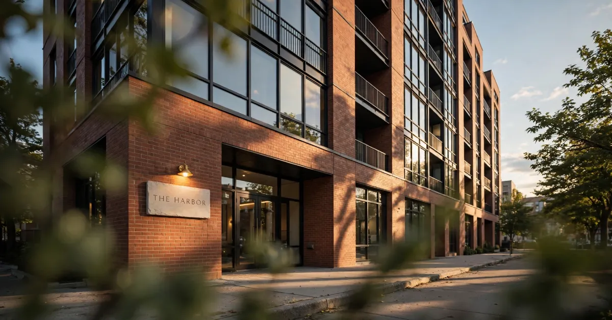 Modern apartment building entrance with illuminated name sign at golden hour