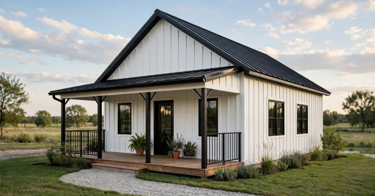 Modern farmhouse small barndominium with white siding and black roof trim