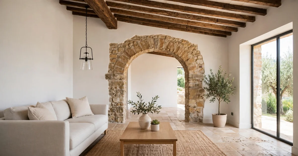 Modern Tuscan interior with light walls, original stone arch, and simplified decor