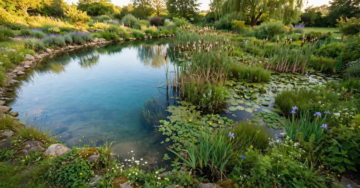 Natural swimming pond with a planted regeneration zone beside open water