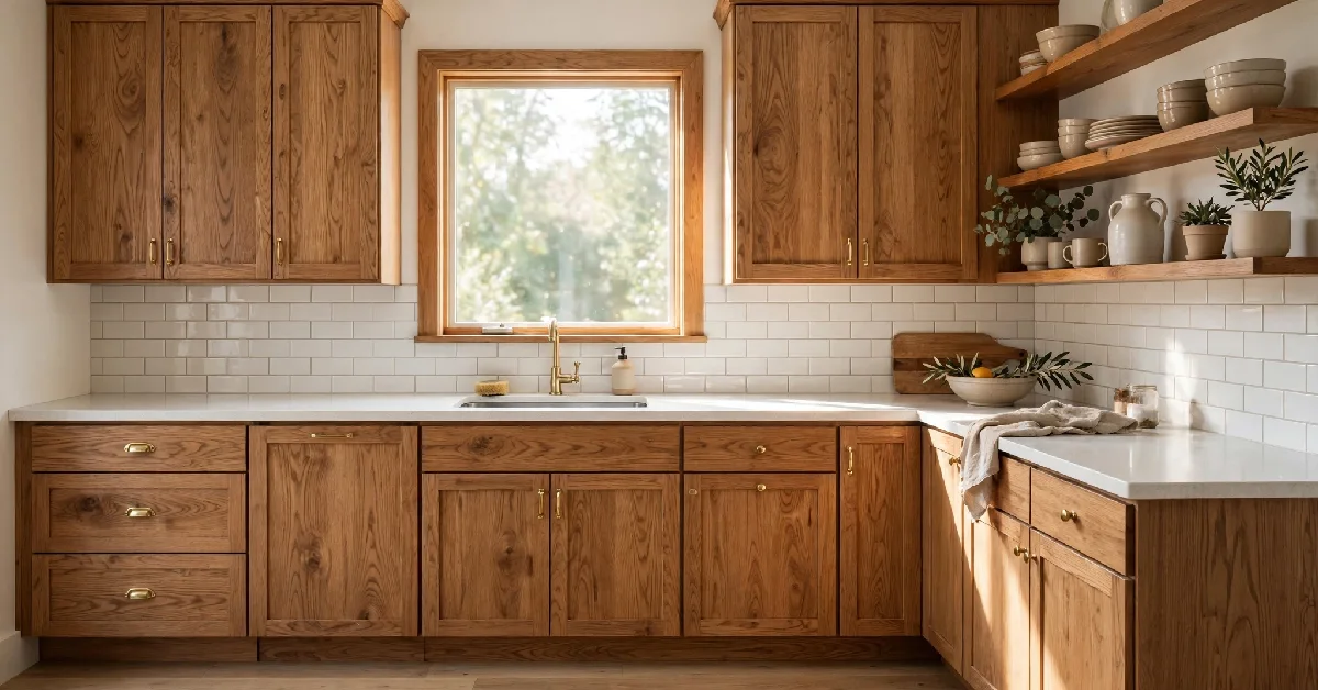 Modern kitchen with natural wood cabinetry, a popular interior design trend replacing all-white kitchens