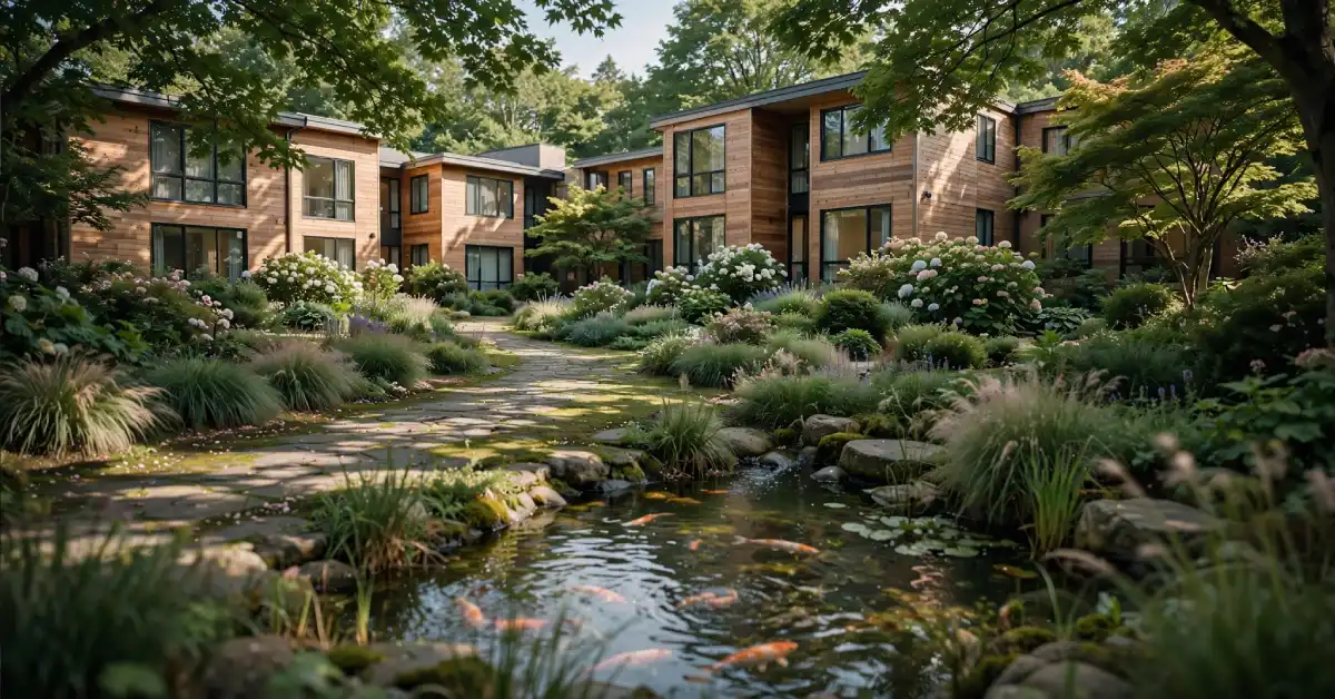 Apartment complex with garden courtyard and pond illustrating nature-inspired names
