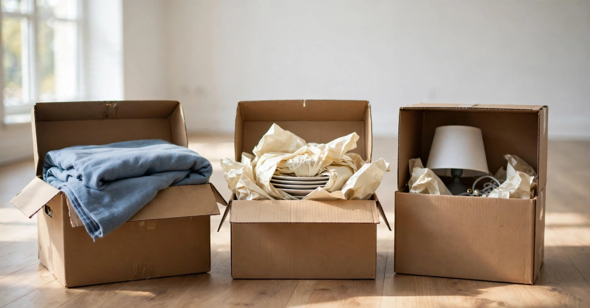 Moving boxes packed with household items essentials for a new home setup