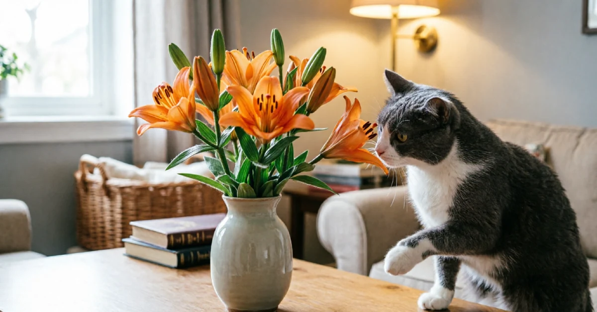 Orange Lily flower near a cat showing pet safety concern