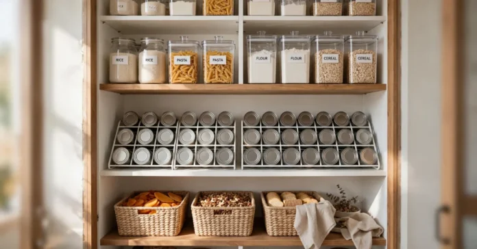 Organized pantry shelves with clear containers, labeled jars, and canned goods