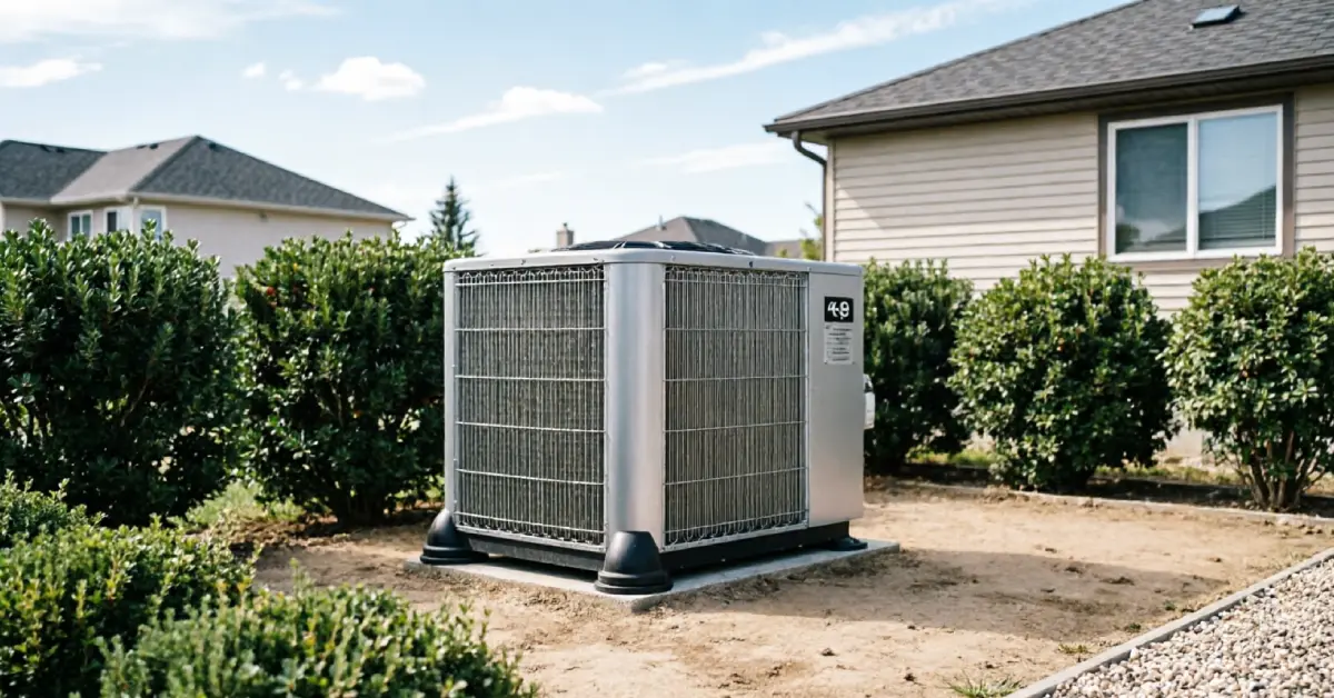 Outdoor heat pump unit being cleared of leaves and debris