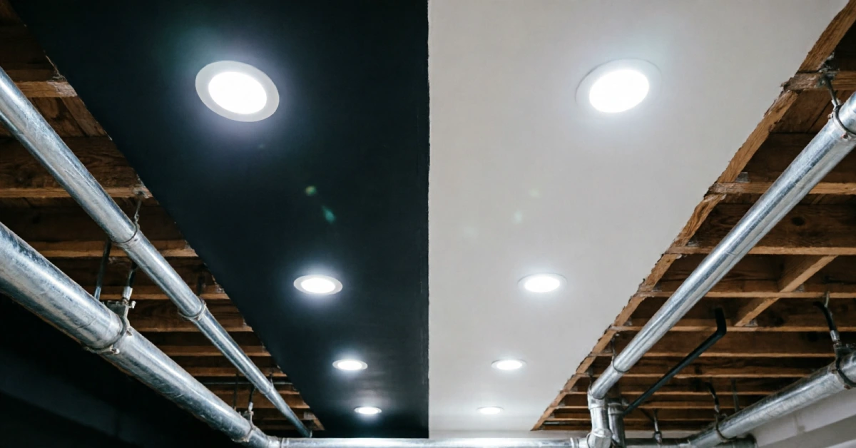 Painted basement ceiling comparison in black and white