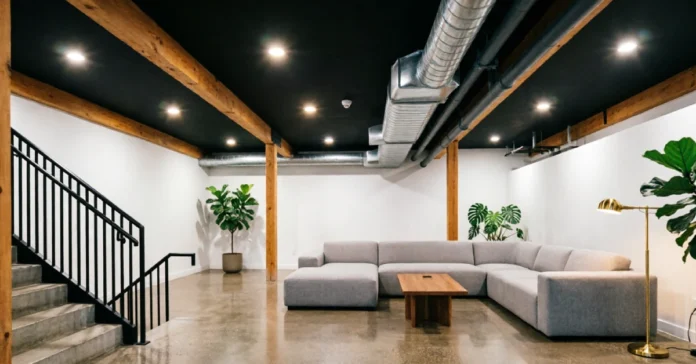 Black painted basement ceiling with exposed joists and pipes