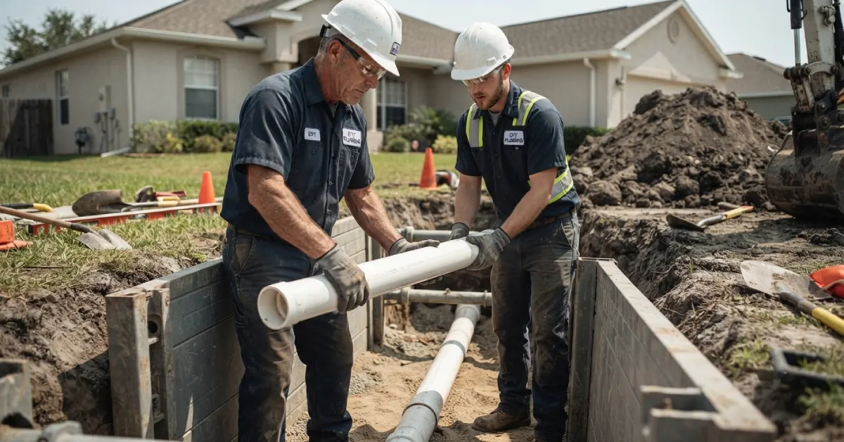 Plumbers installing a new PVC sewer pipe section in a trench