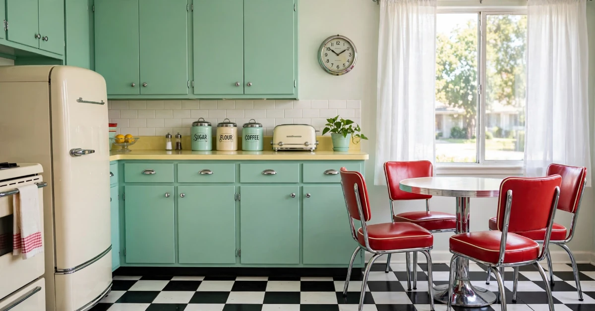 1950s vintage kitchen with mint cabinets and checkerboard floor