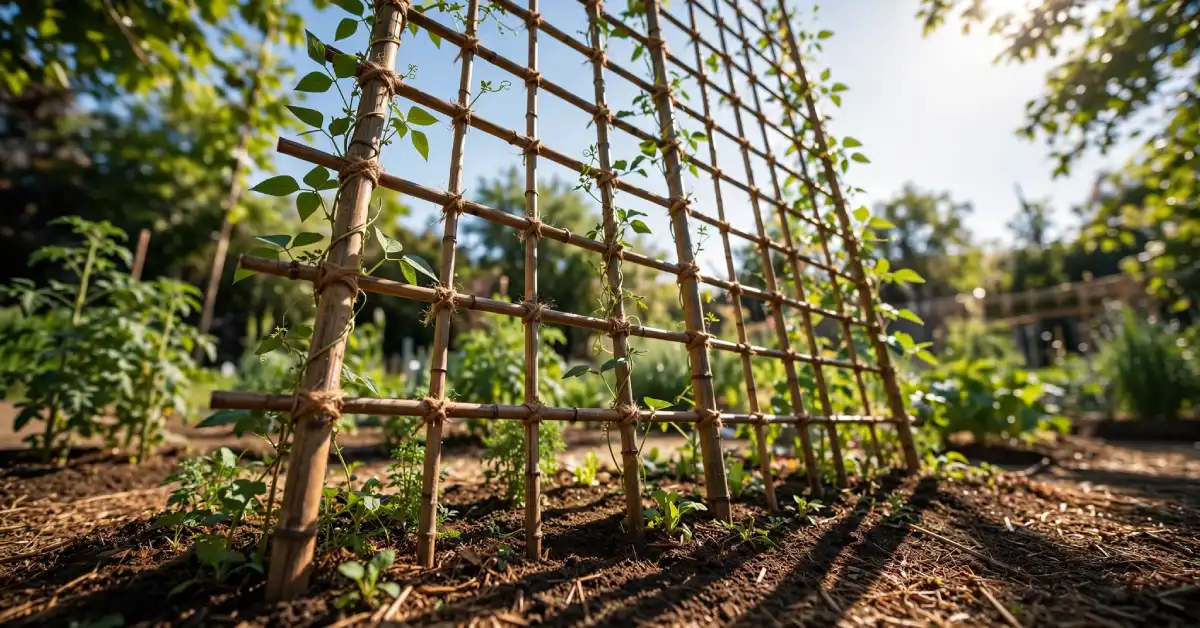 Bamboo trellis supporting young sigarilyas plant vines in a home garden