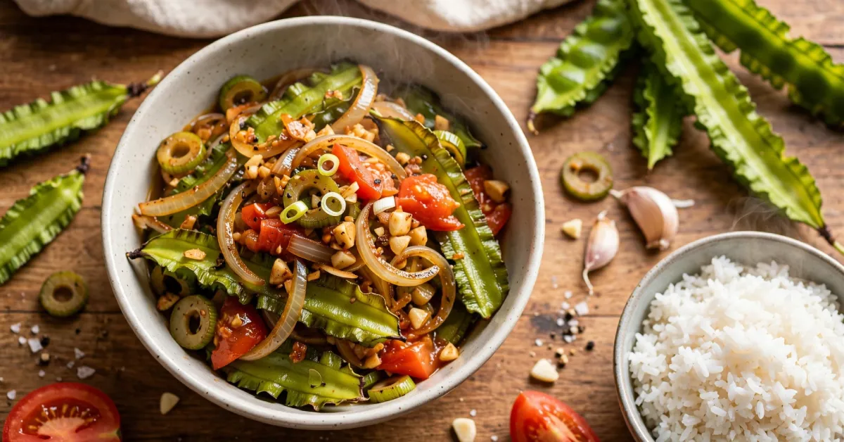 Filipino stir-fry made with sigarilyas plant pods, garlic, and tomato