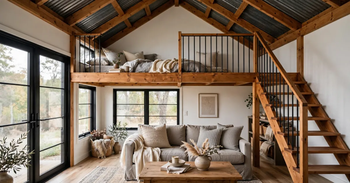 Small barndominium interior with wooden loft above open living room space
