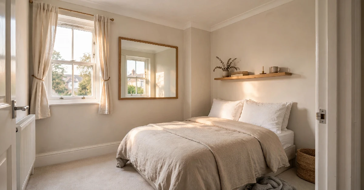 Small UK bedroom laid out to maximise floor space with wall-mounted storage