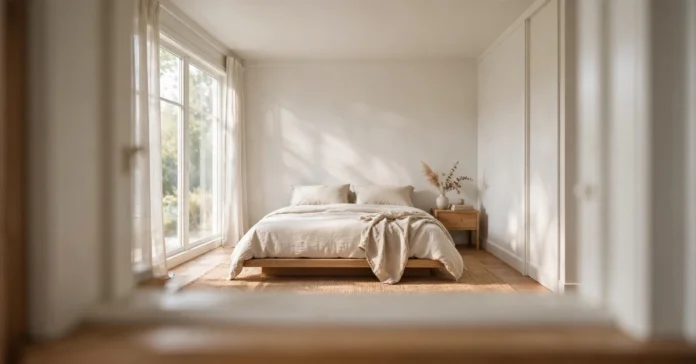 Small bedroom painted in soft off-white to make the room look bigger