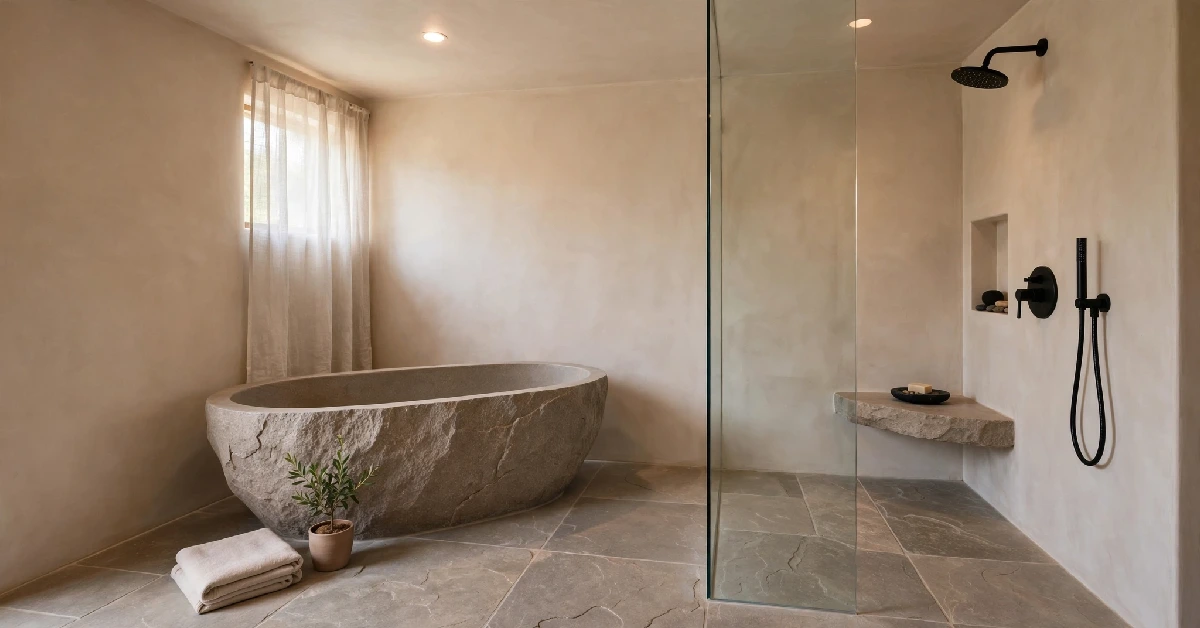 Spa-inspired bathroom design with natural stone and matte black fixtures reflecting current wellness trends