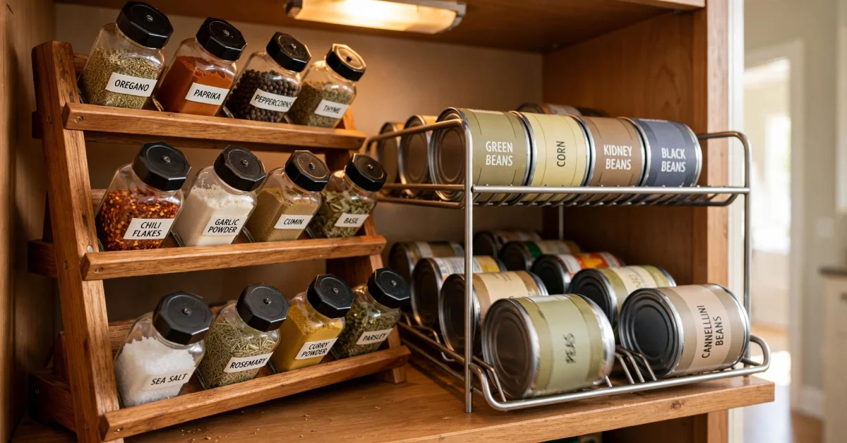 Tiered spice rack and can organizer rack for pantry organization