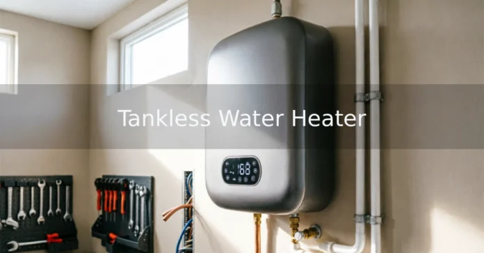 Compact tankless water heater mounted on a wall inside a modern home utility space.