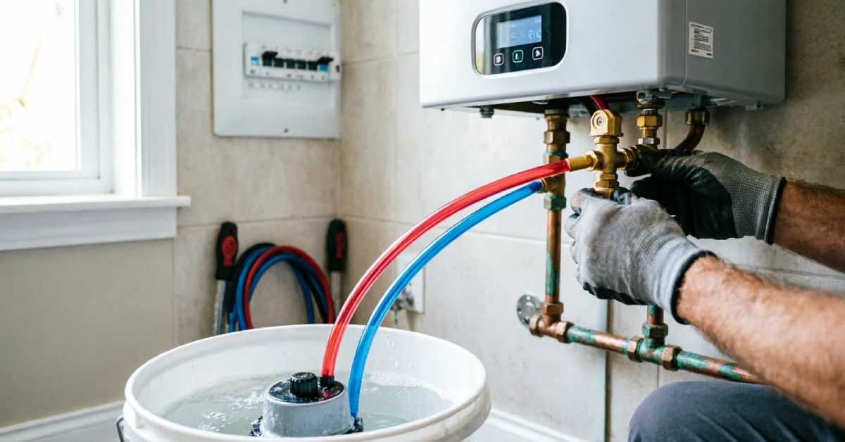 Technician performing maintenance flush on a tankless water heater unit.