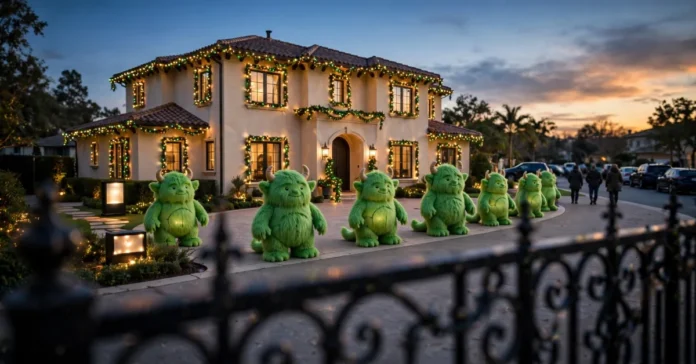 Decorated mansion with green holiday inflatables and string lights on a Preston Hollow street at dusk